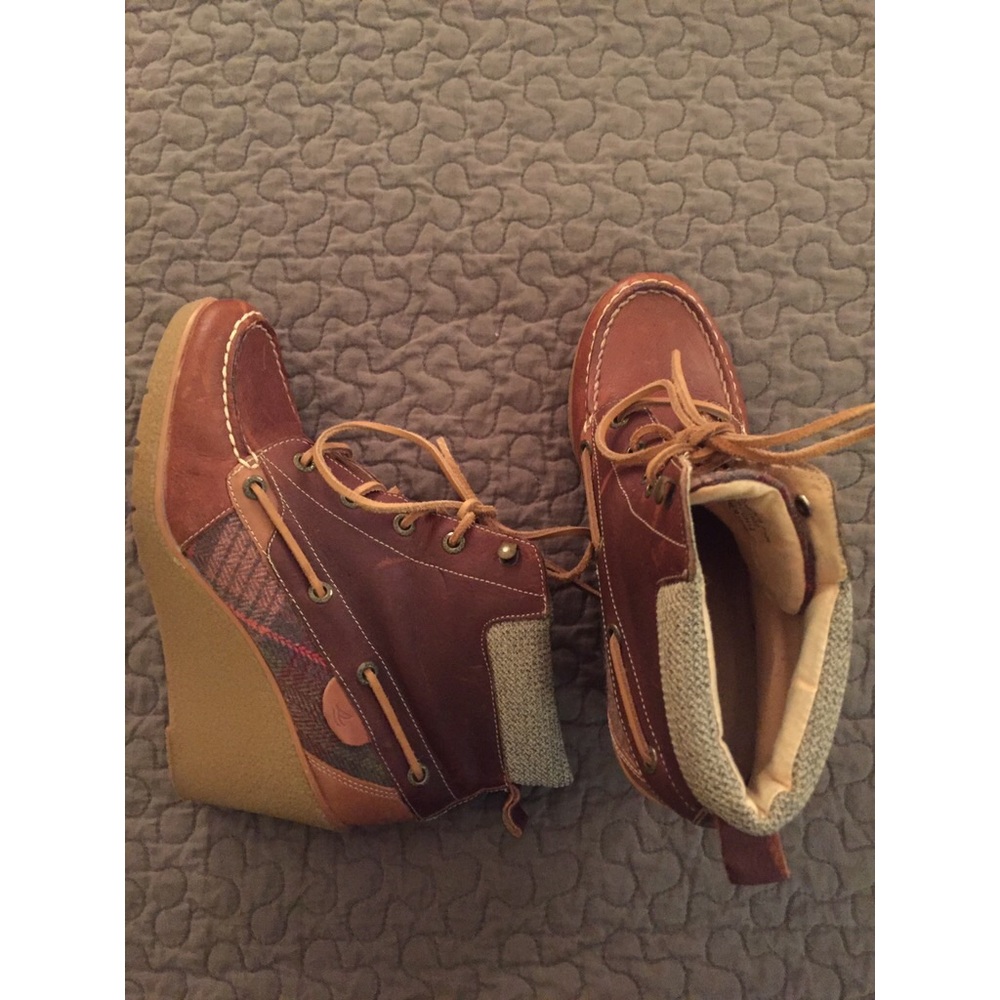Sperry wedge booties (leather and plaid details)